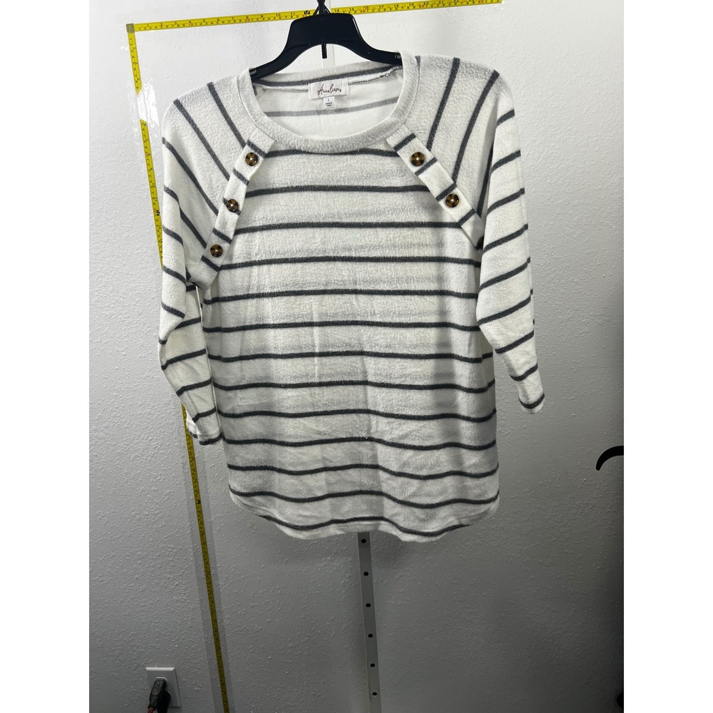 Anneliese Womens Striped Button Shoulder Pullover Top White Grey Size L